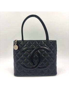 Chanel CC Logo Reprint Caviar Leather Black Tote Gold